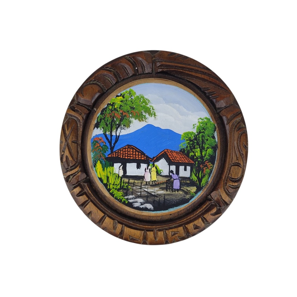 Vintage Hand Painted Folk Art Wood Plaque Village Scene Carved Round Frame 7"